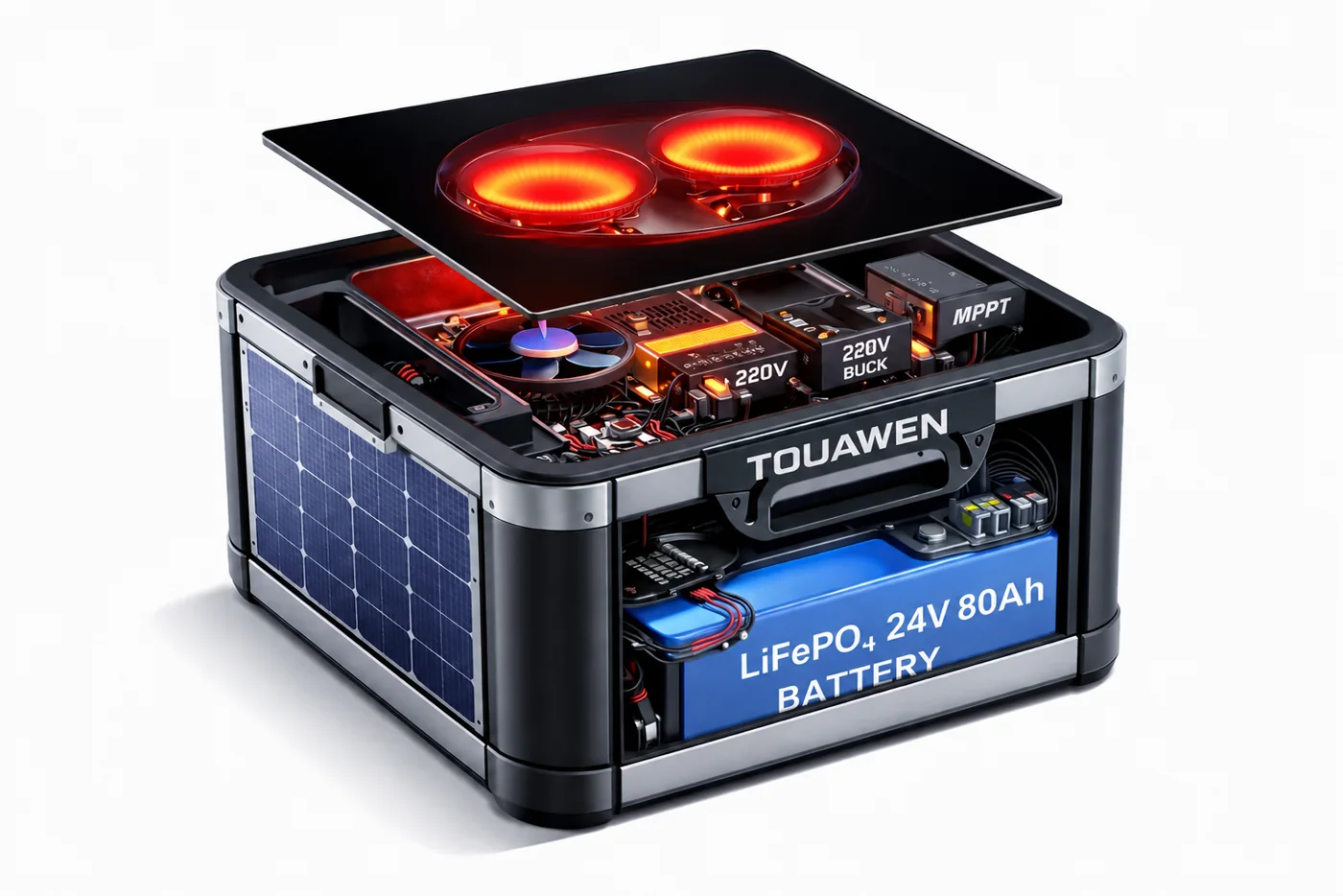 Visualisation éclatée du prototype compact PlaqueSol One 24 V — 80 Ah