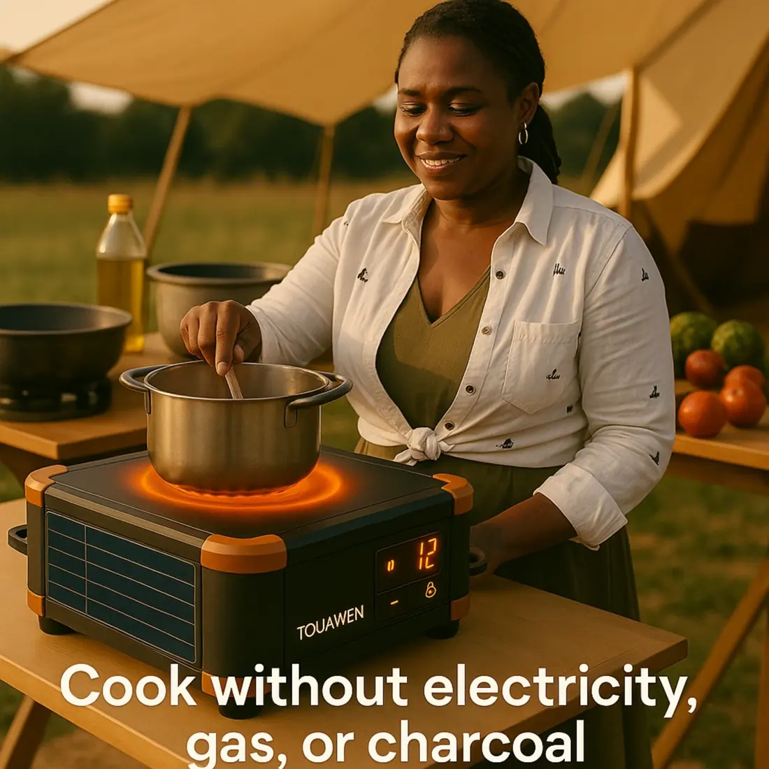 Woman cooking outdoors with PlaqueSol One without electricity, gas or charcoal
