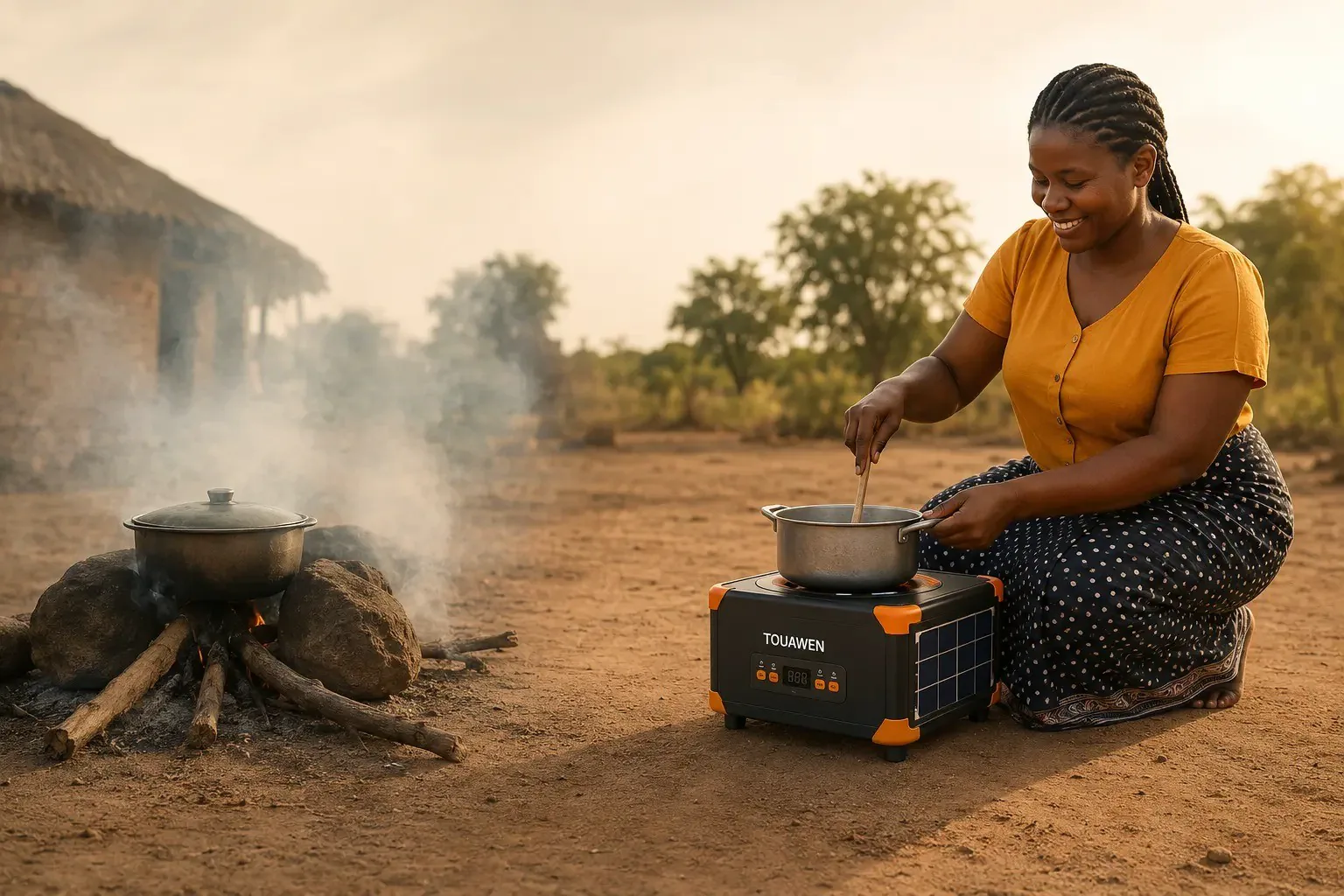 Comparison between smoky wood-fire cooking and clean cooking with a TOUAWEN appliance in a village